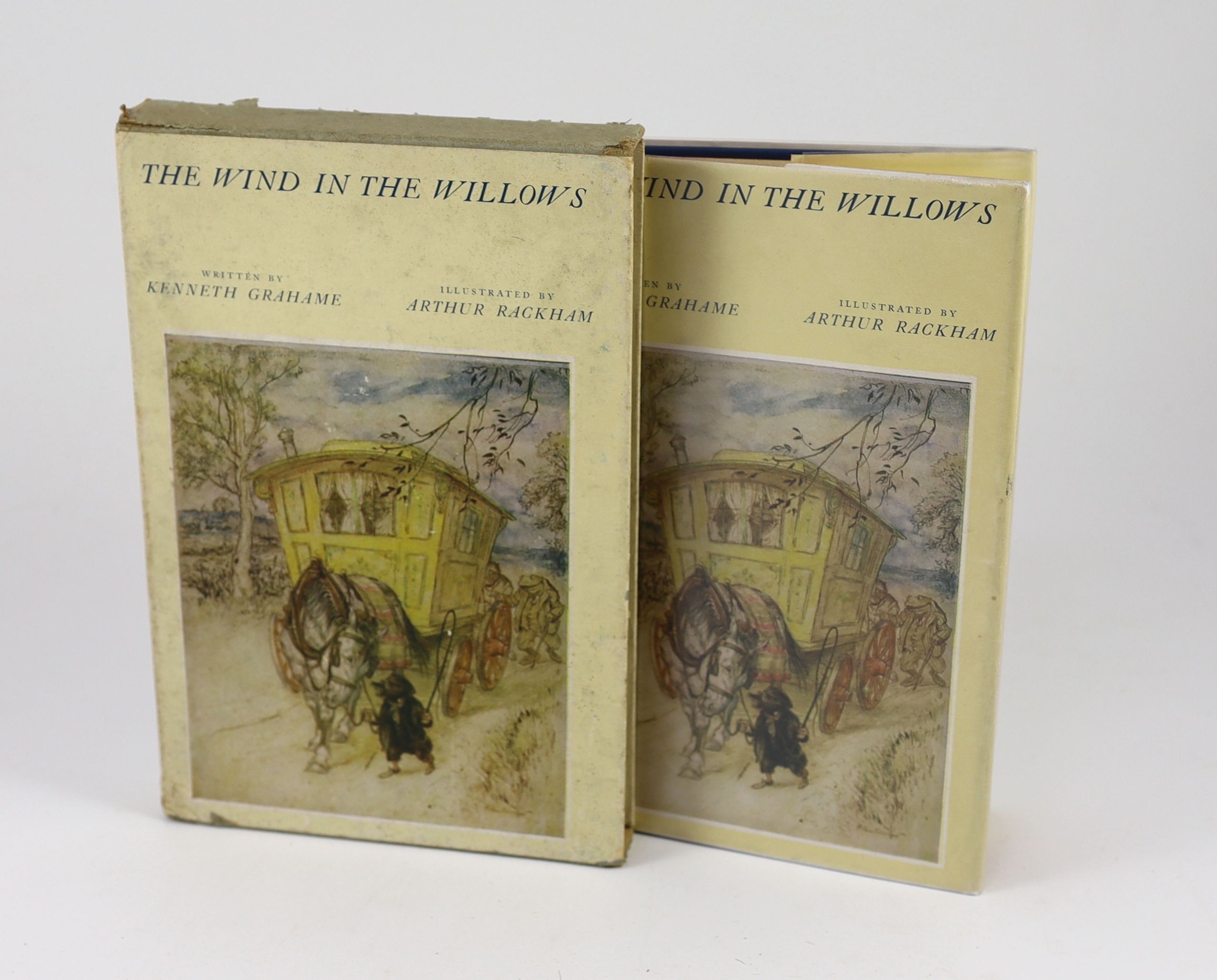 Grahame, Kenneth. The Wind in the Willows. Illustrations by Arthur Rackham....First US. Trade Edition. pictorial title and 12 coloured plates, text illus.; original buckram backed pictorial linen and d/wrapper, in pictor